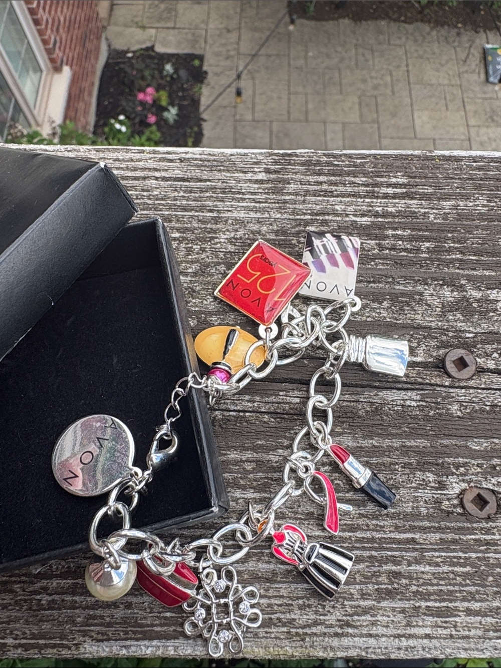 Avon Silver-Tone Charm Bracelet with Red and Yellow Enamel Accents